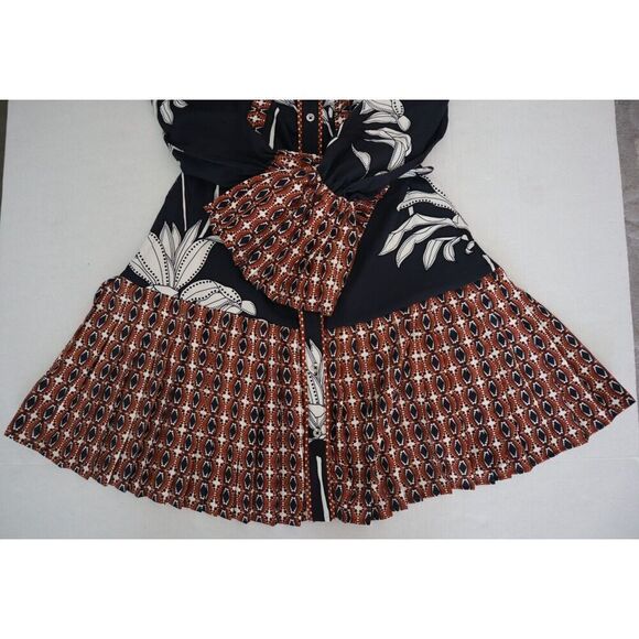 CIEBON Women's Sz M Black Multi Edda Pleated Tie Neck L/S Satin Mini Dress - Picture 6 of 9